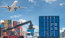 forklift handling container box loading to freight train